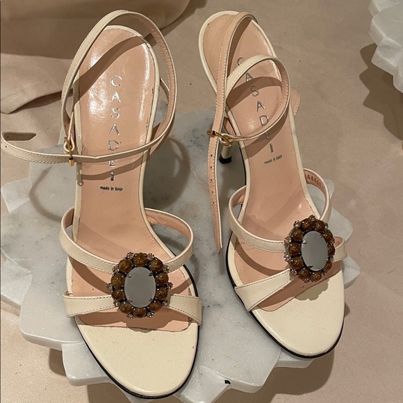 Casadei Shoes - Casadei  patent leather Cream Embellished Heels NW